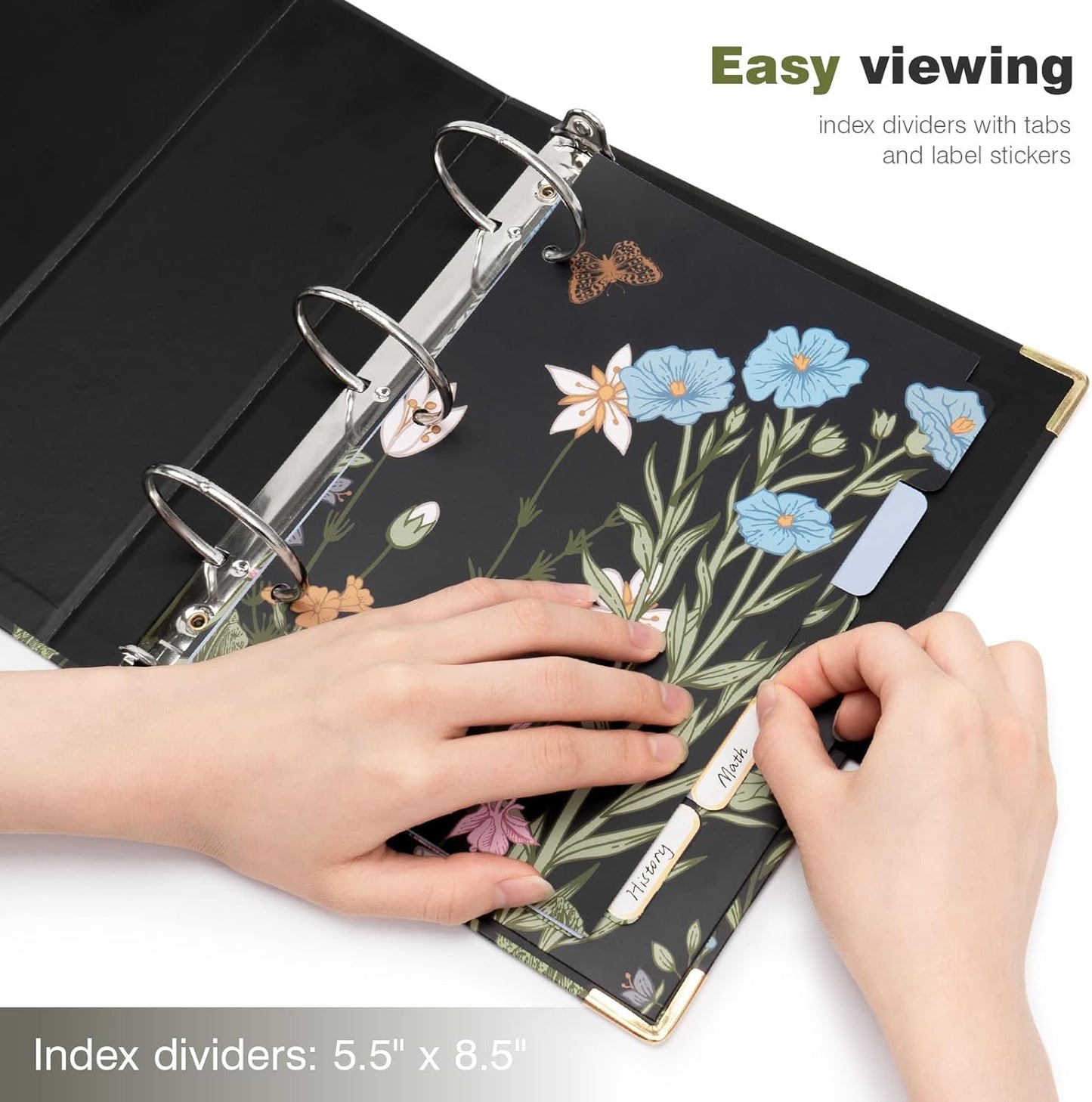 Ospelelf Binder 3 Ring 1 Inch, Floral Round Ring Clipboard Binder for Letter Size with 5 Tab Dividers, File Folder Labels, for School and Office Supplies