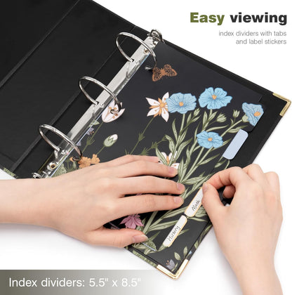 Ospelelf Binder 3 Ring 1 Inch, Floral Round Ring Clipboard Binder for Letter Size with 5 Tab Dividers, File Folder Labels, for School and Office Supplies