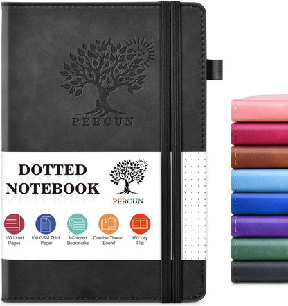PERCUN Graph Paper Notebook, 160 Pages Grid Journal for women & men, A5 Hardcover Leather Graphing Notebook for School, Work, Travel, Note Taking 5.9”x8.5” (Black)