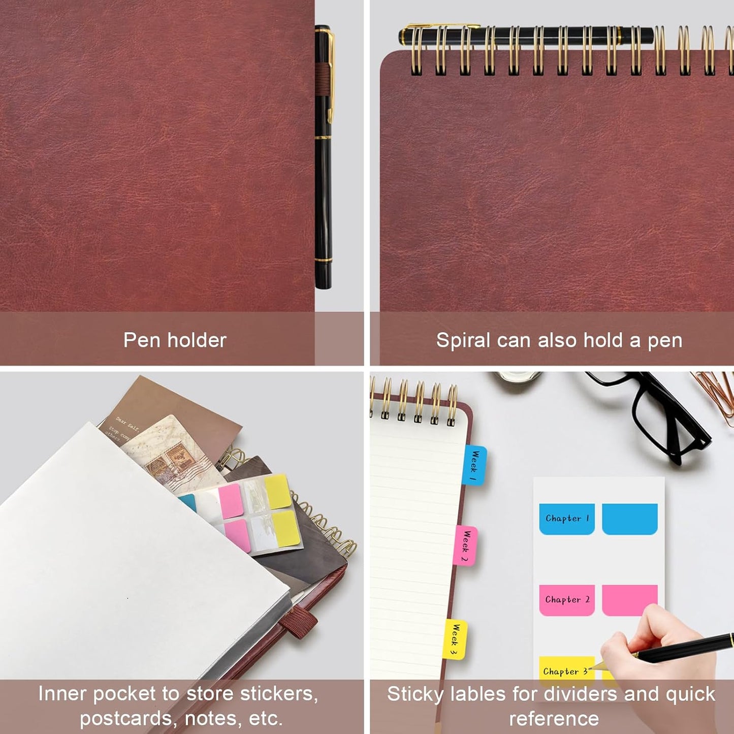 A5 Top Spiral Notebook, Large Leather Hardcover Top Bound Steno Pads, 240 Pages 100 gsm Thick Lined Paper Left Handed Notebook Journal for Work, School, Meeting Writing - Brown, 5.9" x 8.5"
