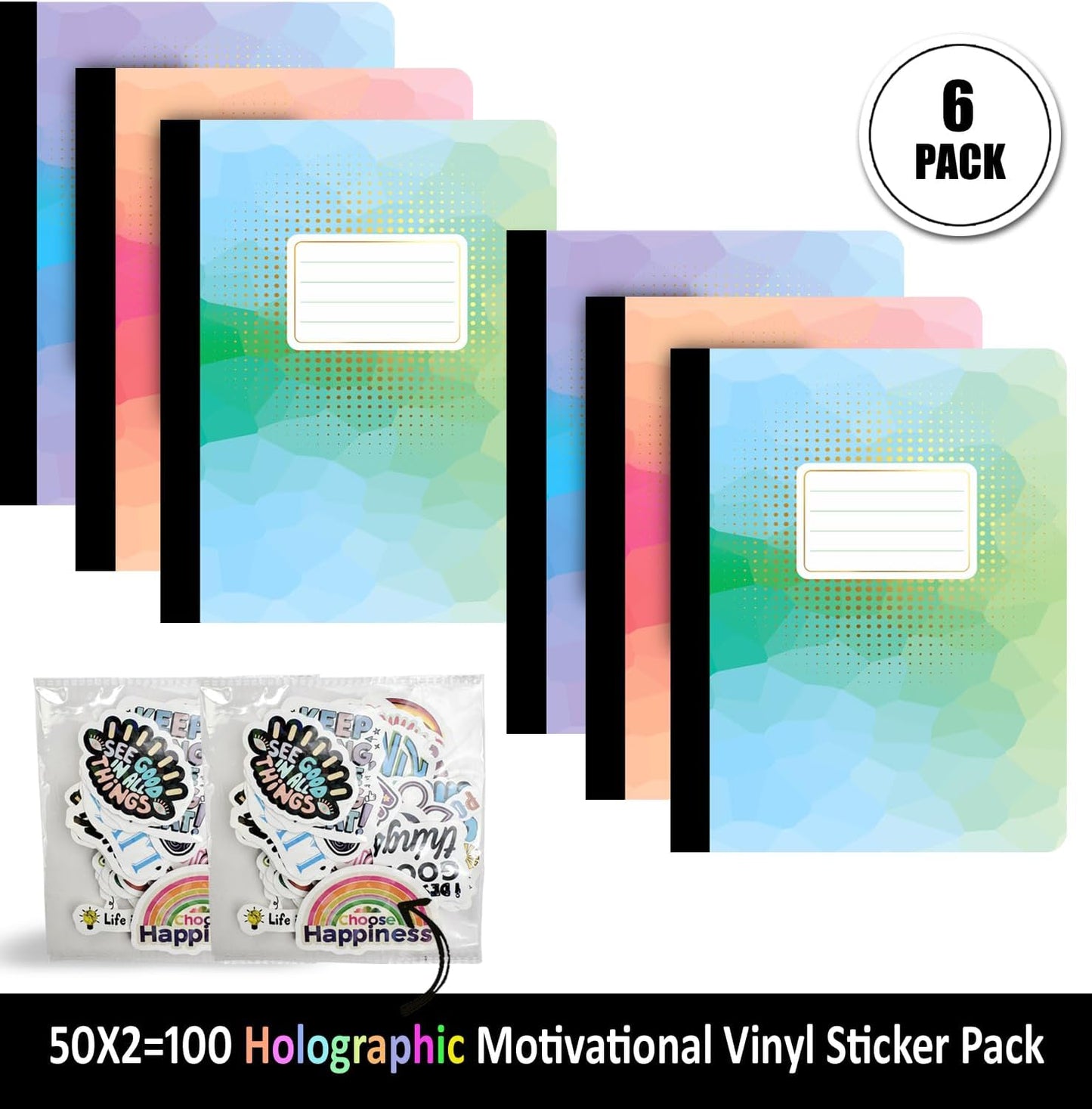 Jainzy Composition Notebooks, 3 Pack with 50 Motivational Stickers,College Ruled, 9.7 x 7.5 inches, 140 Pages, Gold Foil Details