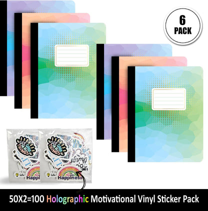 Jainzy Composition Notebooks, 3 Pack with 50 Motivational Stickers,College Ruled, 9.7 x 7.5 inches, 140 Pages, Gold Foil Details