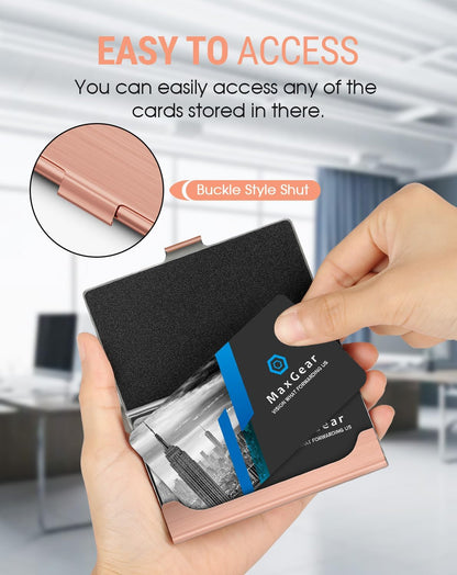 MaxGear Metal Business Card Holder for Men & Women, Professional Stainless Steel Card Case for Business Cards, Slim Purse Name Card Holders with Interior Lining, Buckle Style Shut, Black