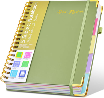 Hardcover Large Spiral Notebook 8.5" x 11" with Removable Dividers Tabs, 300 pages Leather 5 Subject Notebook College Ruled, A4 Journal for Women Men, Notebooks for Work School Note taking,Black