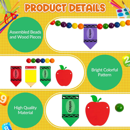8.2 Ft Pencil Wooden Garland Graduation Yellow Pencil Banners with Cute Beads Hanging Ornaments for Kindergarten Classroom Office Home First Day of School Party Decor