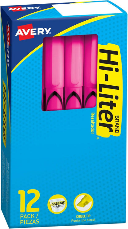 Avery Hi-Liter Pen-Style Highlighters, Smear Safe Ink, Chisel Tip, 12 Fluorescent Pink Highlighters (23592)