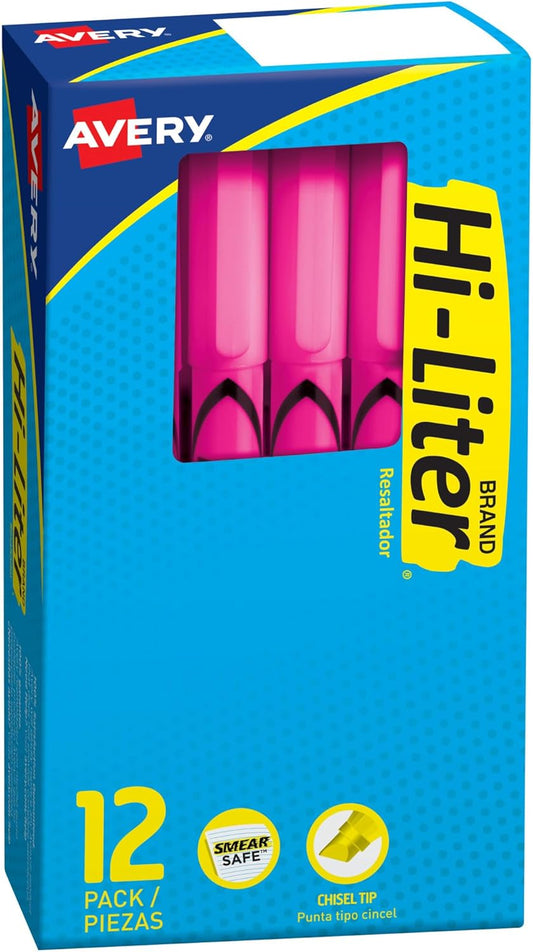 Avery Hi-Liter Pen-Style Highlighters, Smear Safe Ink, Chisel Tip, 12 Fluorescent Pink Highlighters (23592)