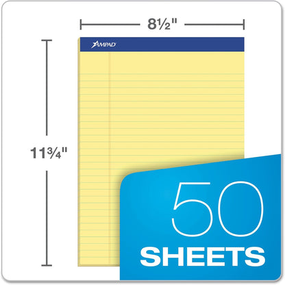Ampad Writing Pads, 8-1/2" x 11-3/4", Legal Rule, Canary Paper, 50 Sheets, 12 Pack (20-220)