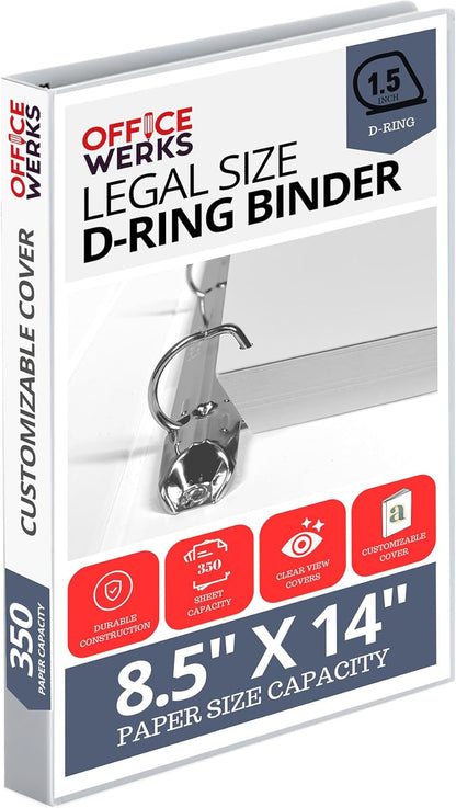 Performore - Office Werks Heavy Duty Legal Size View Binder - 14" x 8.5", White, 1.5 Inch D-Ring, Back Mount Binder