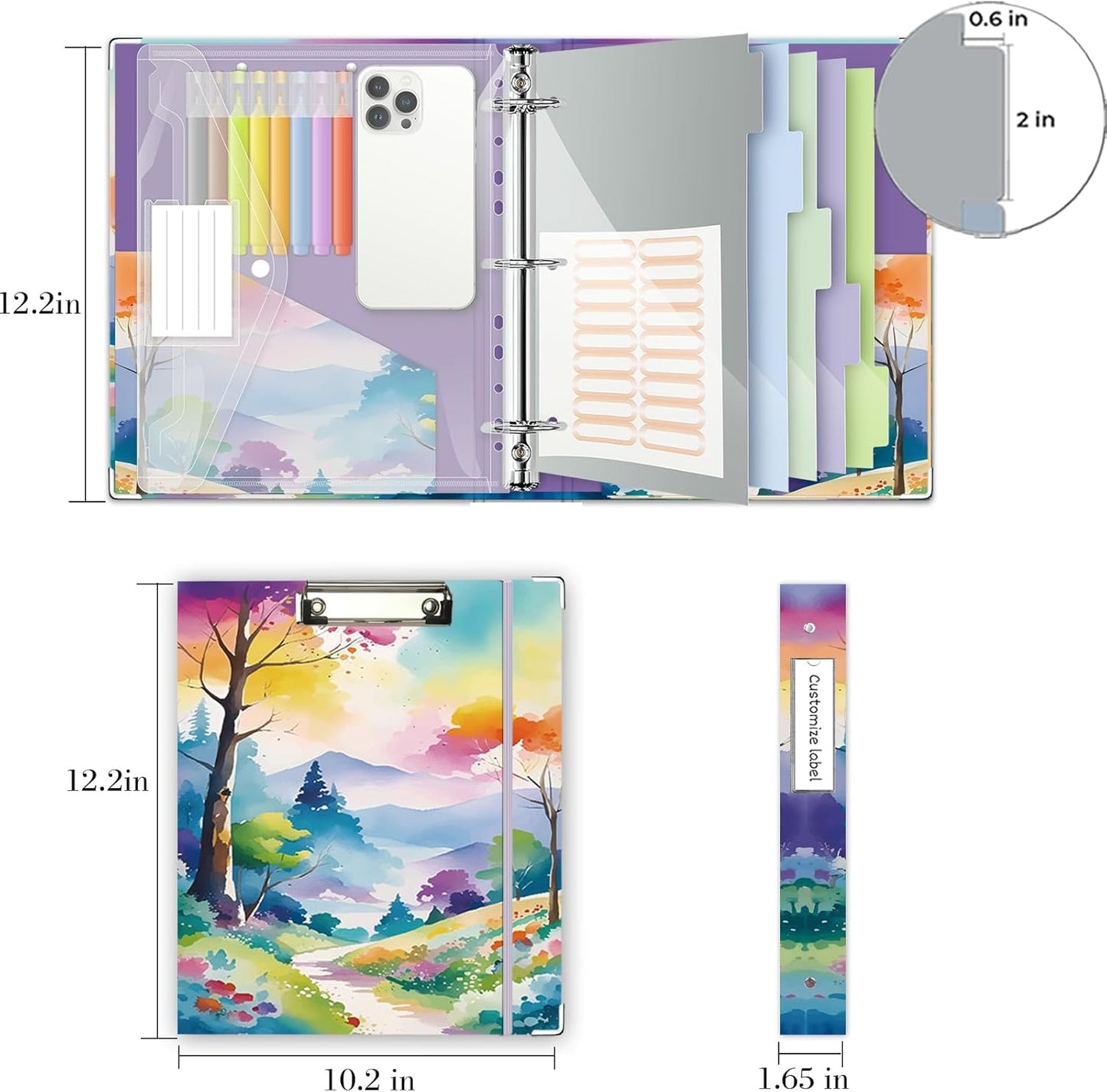 3 Ring Binder 1 Inch, Three Ring Binders Organizer with Clipboard, 5-Tabs Pockets Dividers, Plastic Folder, 18 Divider Stikers, BVSSX Pretty Binder with Pen Loop (Black Weeds, Letter Size)