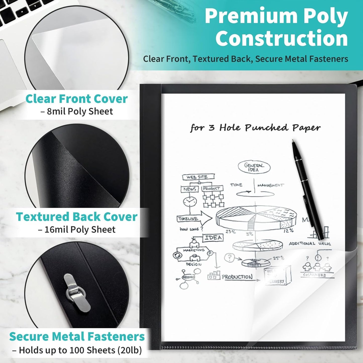 Binditek 10 Pack Heavy-Duty Clear Front Report Covers with 3 Prongs, 100-Sheet Capacity, Plastic Report Folder with Black Back Covers, 3 Metal Prongs Fasteners, for Letter Size, Office Supplies