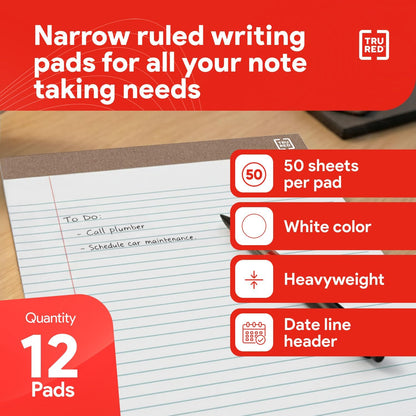 STAPLES Recycled Perforated Notepads, 8.5” x 11.75”, Narrow Ruled, Canary, 12‑Pack