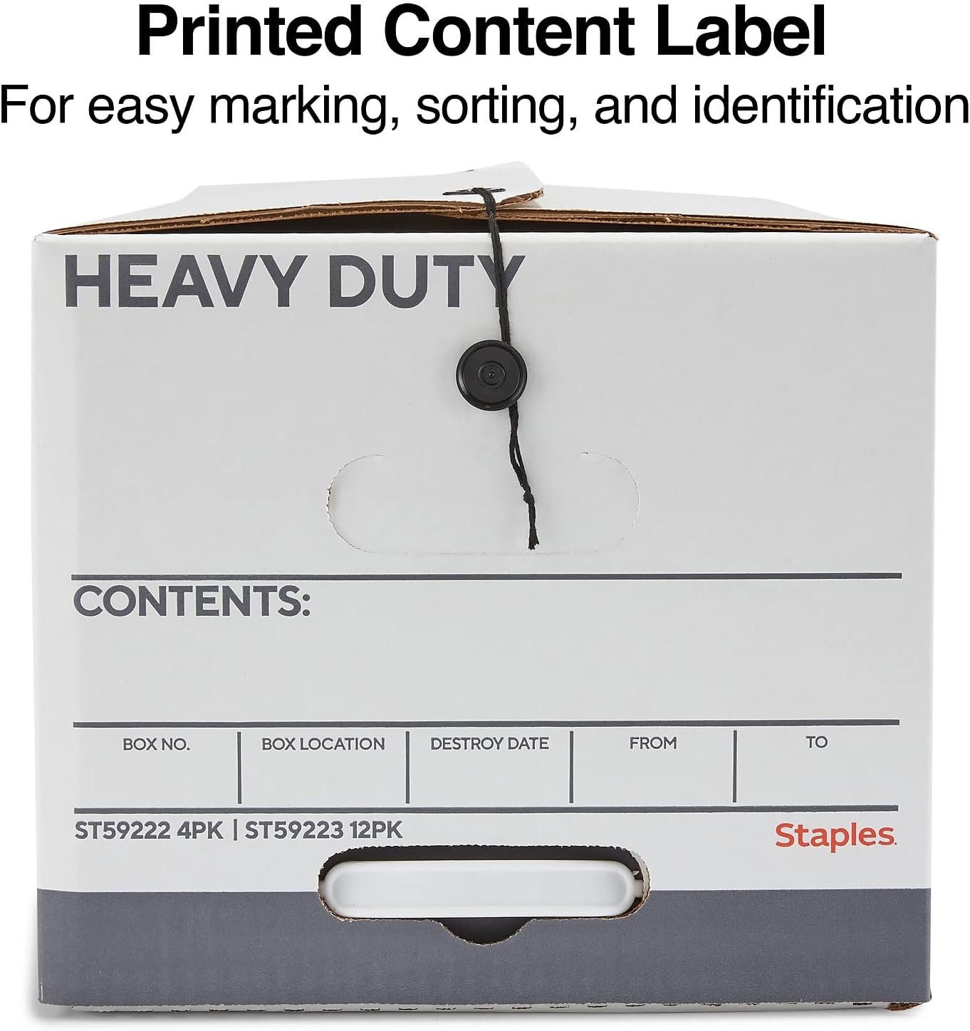 STAPLES Storage & Filing Box, Heavy-Duty with Handles & String-Button Lid, Letter Size Documents, Stackable, 4-Pack, White/Gray