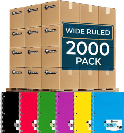Rosmonde 5 Subject Notebook Wide Ruled, 6 Pack, 300 Pages (150 Sheets), 8 x 10-1/2", 5 Subject Spiral Notebook with Dividers, Thick Paper Fights Ink Bleed, 3 Hole Punched, Spiral Notebooks for School
