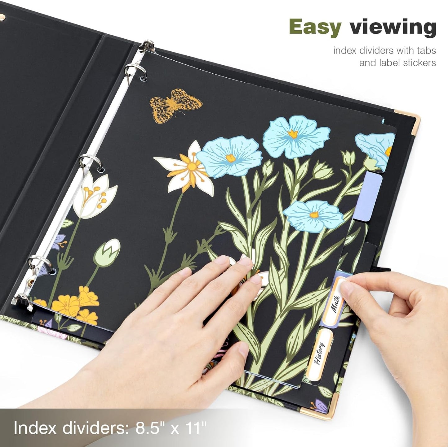 Ospelelf Binder 3 Ring 1 Inch, Floral Round Ring Clipboard Binder for Letter Size with 5 Tab Dividers, File Folder Labels, for School and Office Supplies