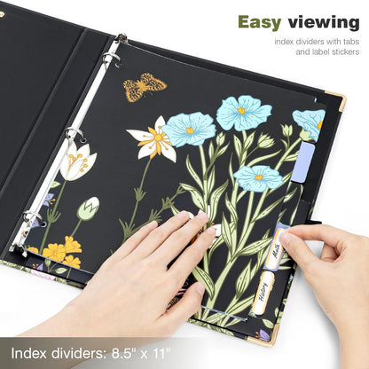 Ospelelf Binder 3 Ring 1 Inch, Floral Round Ring Clipboard Binder for Letter Size with 5 Tab Dividers, File Folder Labels, for School and Office Supplies