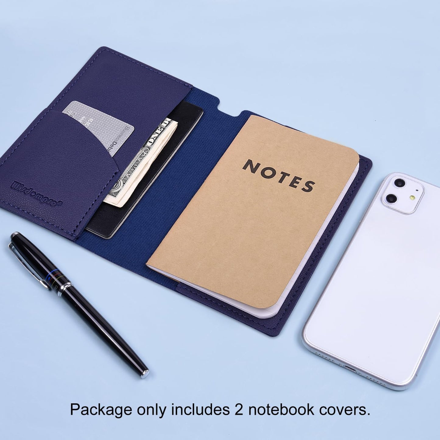 Wisdompro Journal Cover, 2 Pack PU Leather Notebook Cover for Field Notes, or other 3.5" x 5.5" Pocket Notebooks - Blue