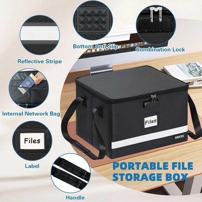 File Box with Lock - Portable File Organizer Box with Handle, Sturdy Important Document Organizer with Label, Slide, Reflective Strip for Hanging Letter/Legal Folder