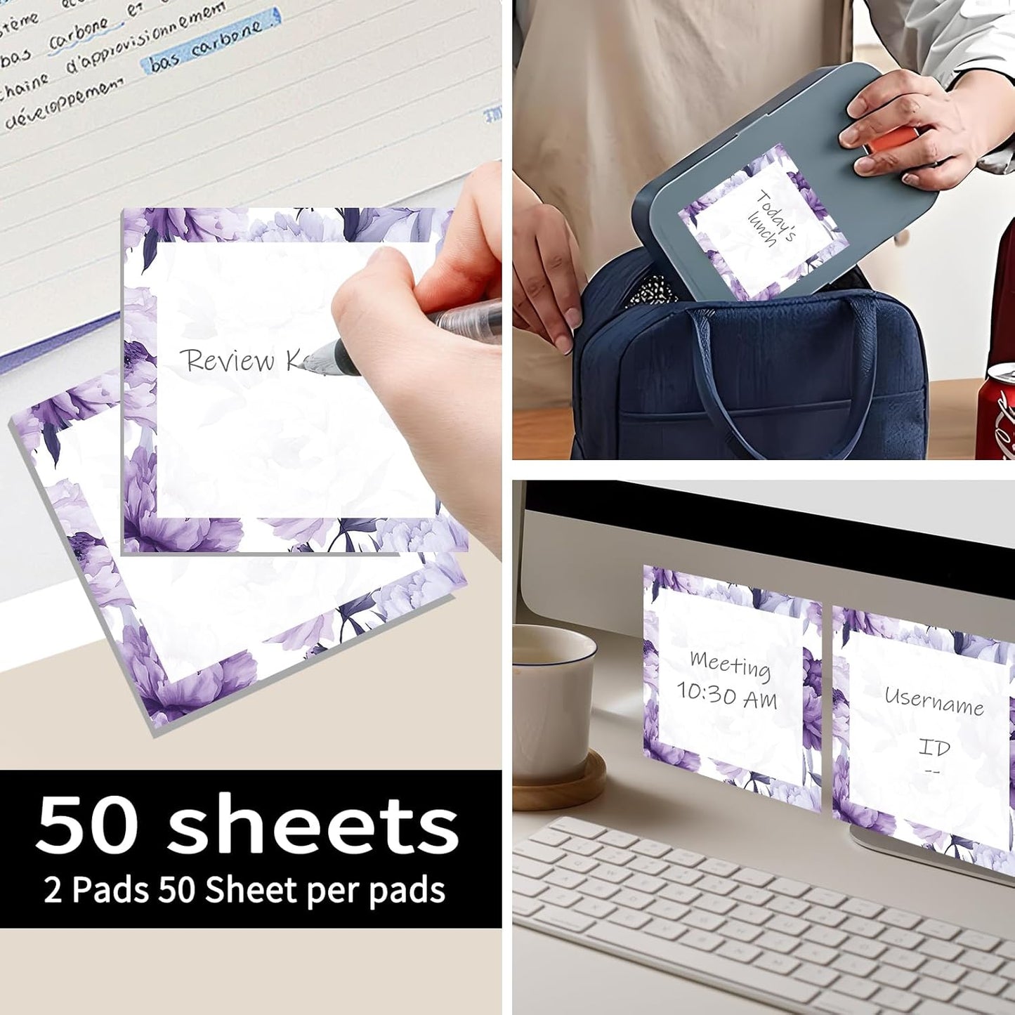 Sticky Notes 3x3 Inch, 2 Pads Cute Self-Stick Note Pads, Strong Adhesive Notepads for Office, Home, School, Organization and Reminders Watercolor Wildflowers