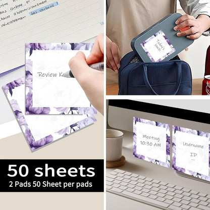 Sticky Notes 3x3 Inch, 2 Pads Cute Self-Stick Note Pads, Strong Adhesive Notepads for Office, Home, School, Organization and Reminders Watercolor Wildflowers