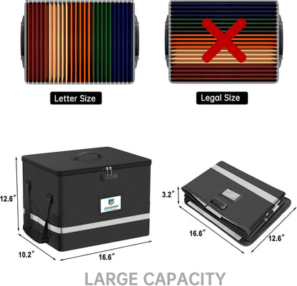 Fireproof File Box with Lock, Document Box Storage Organizer, Suitable for Hanging File Folders in Letter Size, Collapsible File Box, Reflective Strip for Fast Find (12.2"*6"*10.2, Black)