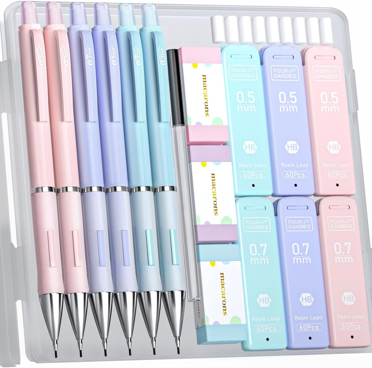 Four Candies Cute Mechanical Pencils 0.7mm, Pencil Set with 360PCS Lead Refills & Pastel Erasers, School Supplies with Case