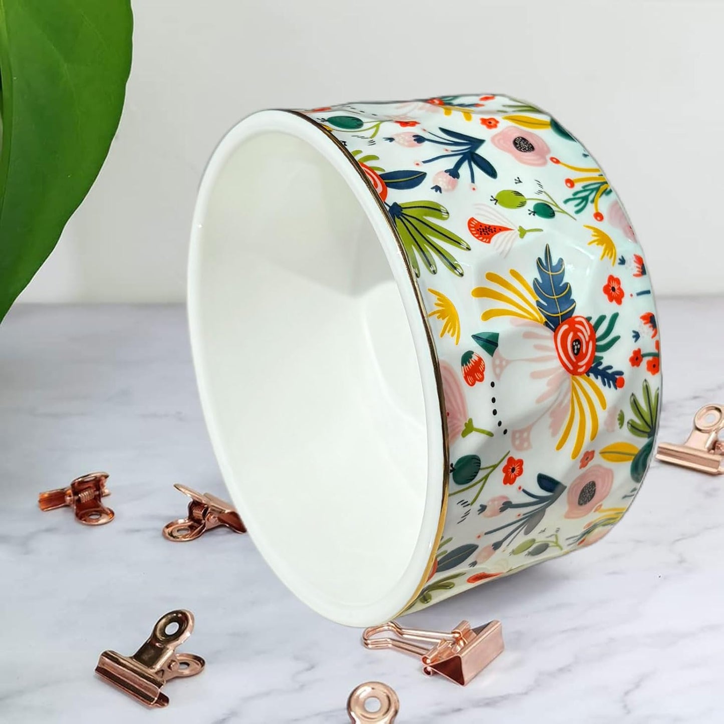 Paper Clip Holder Ceramic Paper Clip Holders Garden Floral Paperclips Holder Dispenser Cute Gold Line Paper Clip Organizer for Desk Binder Clip Holder Bobby Pin Hair Gift for Office Mint Flowers