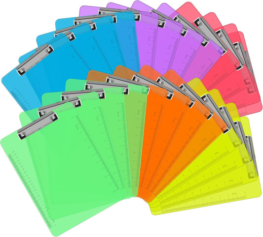 Plastic Clipboards, PANDRI 30 Pack Clear Colored Clipboards, Low Profile Clip Board 12.5 x 9 Inch Standard Letter Size, Office Supplies Classroom