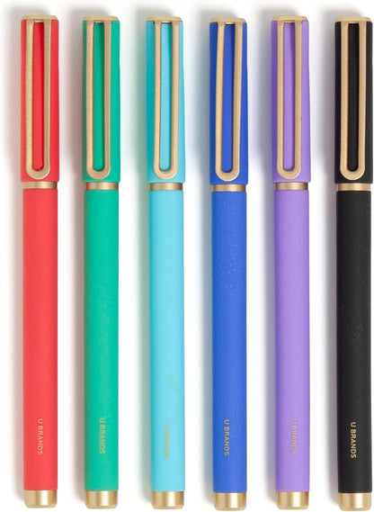 U Brands Catalina Felt Tip Pens, Set of 6 Black Ink Pens, Soft Touch Jewel Tones, Gold Details, Medium (0.7 mm) Point