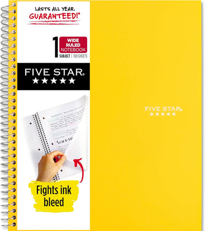 Five Star Spiral Notebook + Study App, 3 Subject, Wide Ruled Paper, 8" x 10-1/2", 150 Sheets, Fights Ink Bleed, Water Resistant Cover, Harvest Yellow (73463)