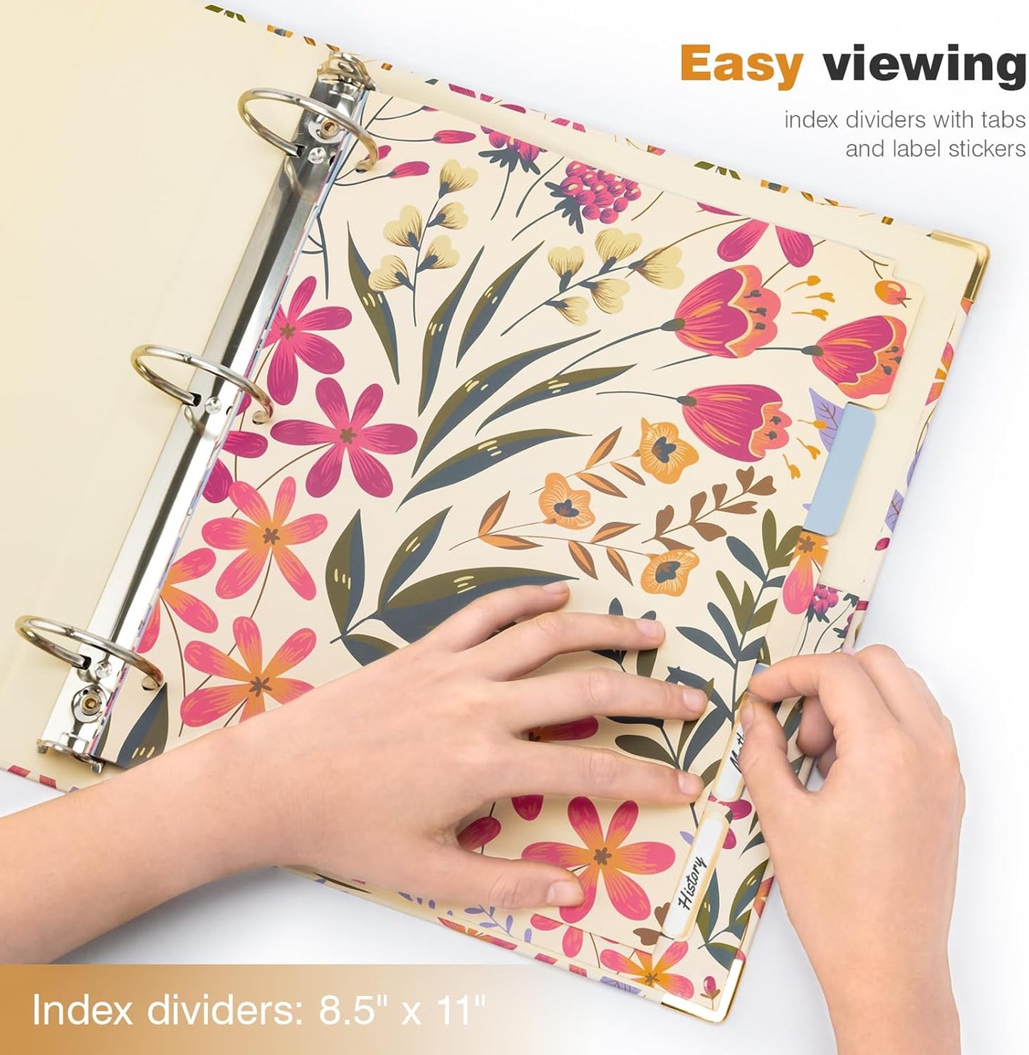 Ospelelf Binder 3 Ring 1 Inch, Floral Round Ring Clipboard Binder for Letter Size with 5 Tab Dividers, File Folder Labels, for School and Office Supplies