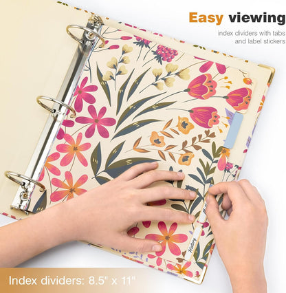Ospelelf Binder 3 Ring 1 Inch, Floral Round Ring Clipboard Binder for Letter Size with 5 Tab Dividers, File Folder Labels, for School and Office Supplies