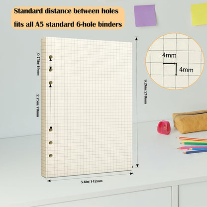 A5 Grid Filler Paper, 6-Hole Punched, 100GSM Graph Rule Paper/Quad Rule Filler Paper/Planner Inserts for Planners, Painting, and Bullet Journals,80 Sheets/160 Pages
