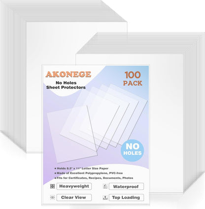 AKONEGE 50 Pack No Holes Sheet Protectors 8.5 x 11 Inch Letter Size Page Protectors for Documents, Prints, Top Loading Heavyweight Clear View Plastic Sleeves for Papers, Artworks, Photos