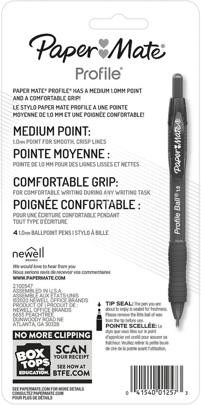 Paper Mate Profile Ballpoint Pen, Retractable, Medium 1 Mm, Black Ink, Translucent Black Barrel, 4/pack