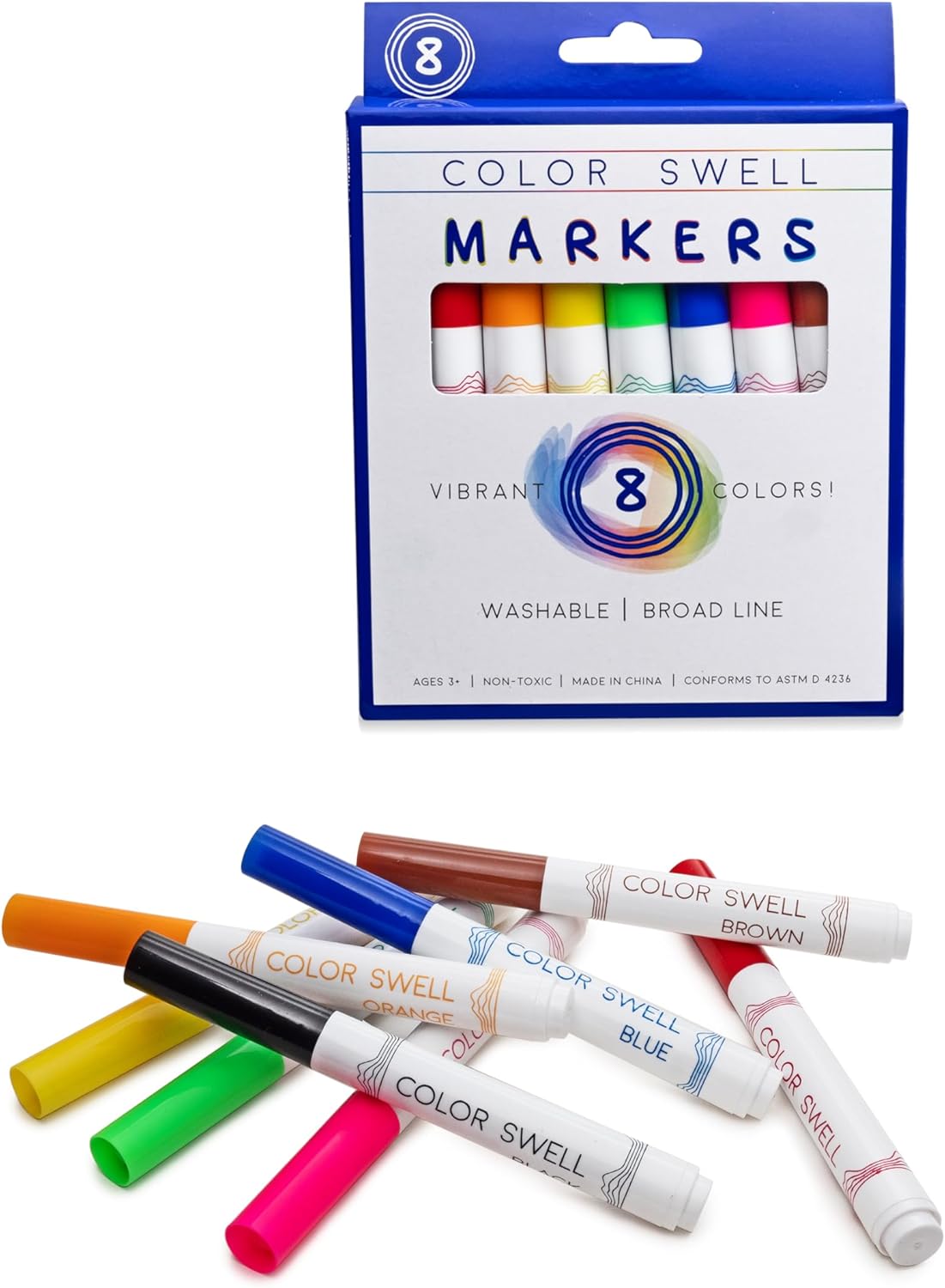 Color Swell 8-Pack Broad Line Markers – Washable, Non-Toxic, Ideal for Kids, Students, Adults, and Classroom Activities