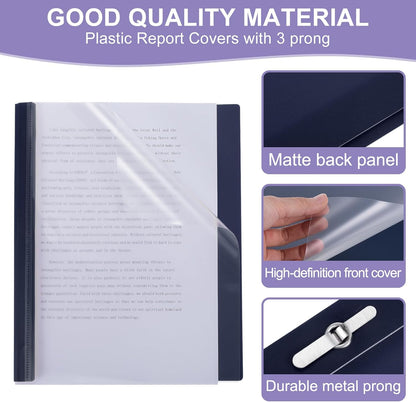 PATIKIL Plastic Report Covers with Prong, 10 Pcs 80 Sheet Capacity Clear Front Presentation Binders with 3 Metal Prong Fasteners Report Folder for Resume Documents Files Letter, Dark Blue