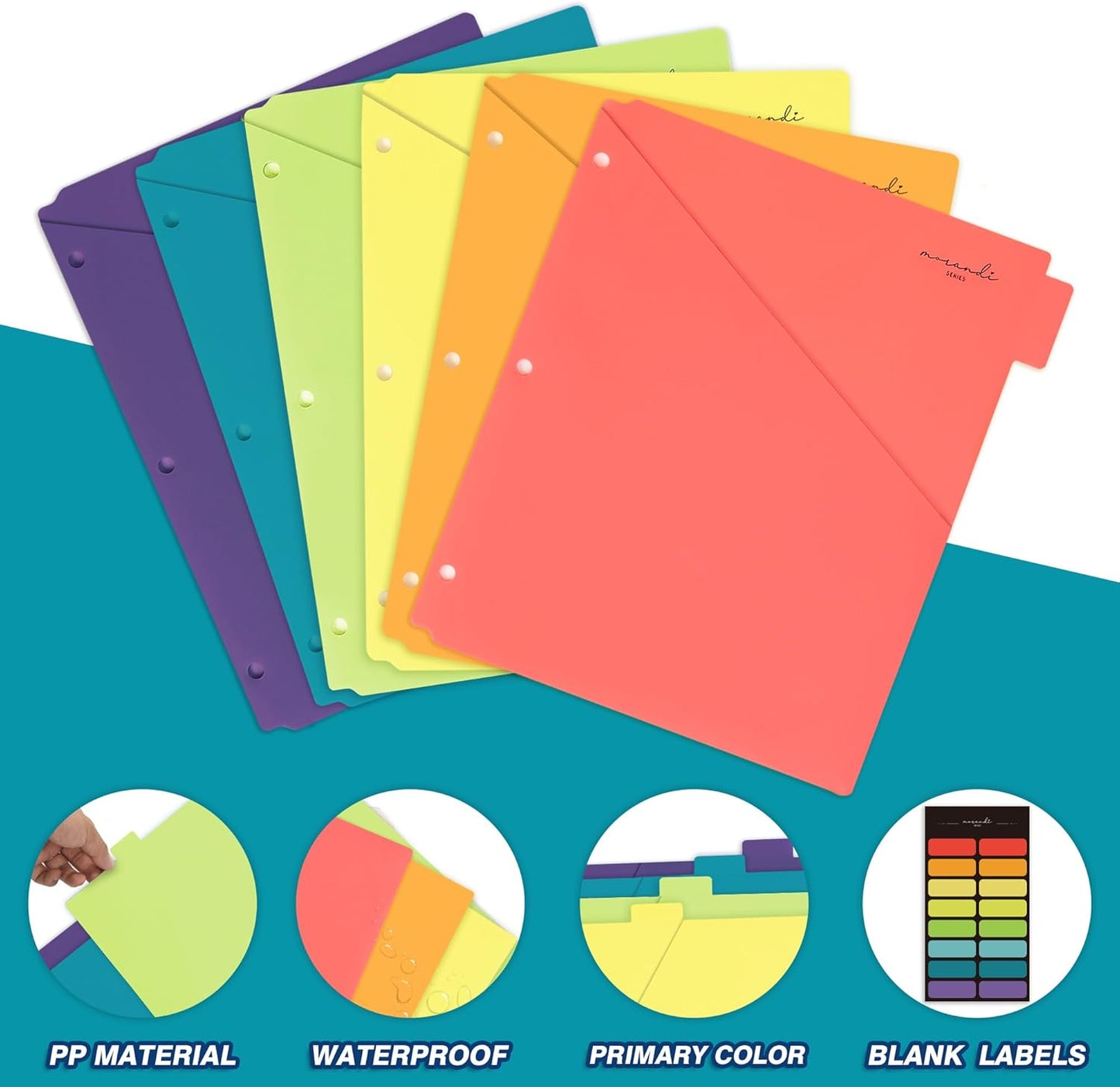 H4D 6-Tab Dividers for 3 Ring Binder, Plastic Dividers with Two Pockets, Letter Size, Pastel Colors, 1 Set