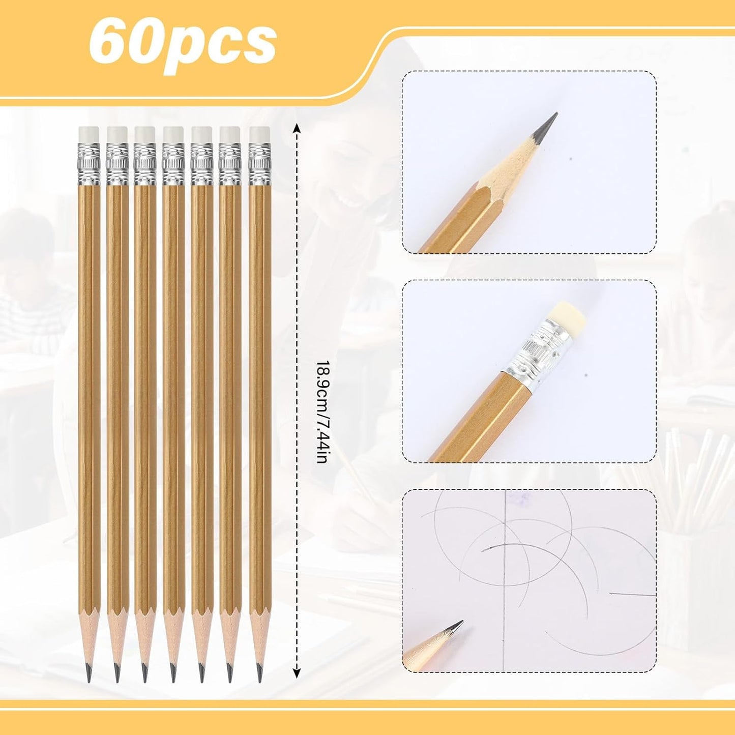 TecUnite 60 Pcs HB Pencils #2 Unsharpened Wood Cased Pencils with Eraser Hexagonal Pencil Cute Graphite No 2 Pen for Adults Gifts Exam School Office Sketching Learning (Wood Color, Silver)