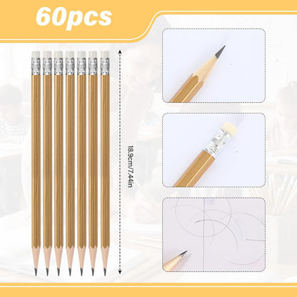 TecUnite 60 Pcs HB Pencils #2 Unsharpened Wood Cased Pencils with Eraser Hexagonal Pencil Cute Graphite No 2 Pen for Adults Gifts Exam School Office Sketching Learning (Wood Color, Silver)