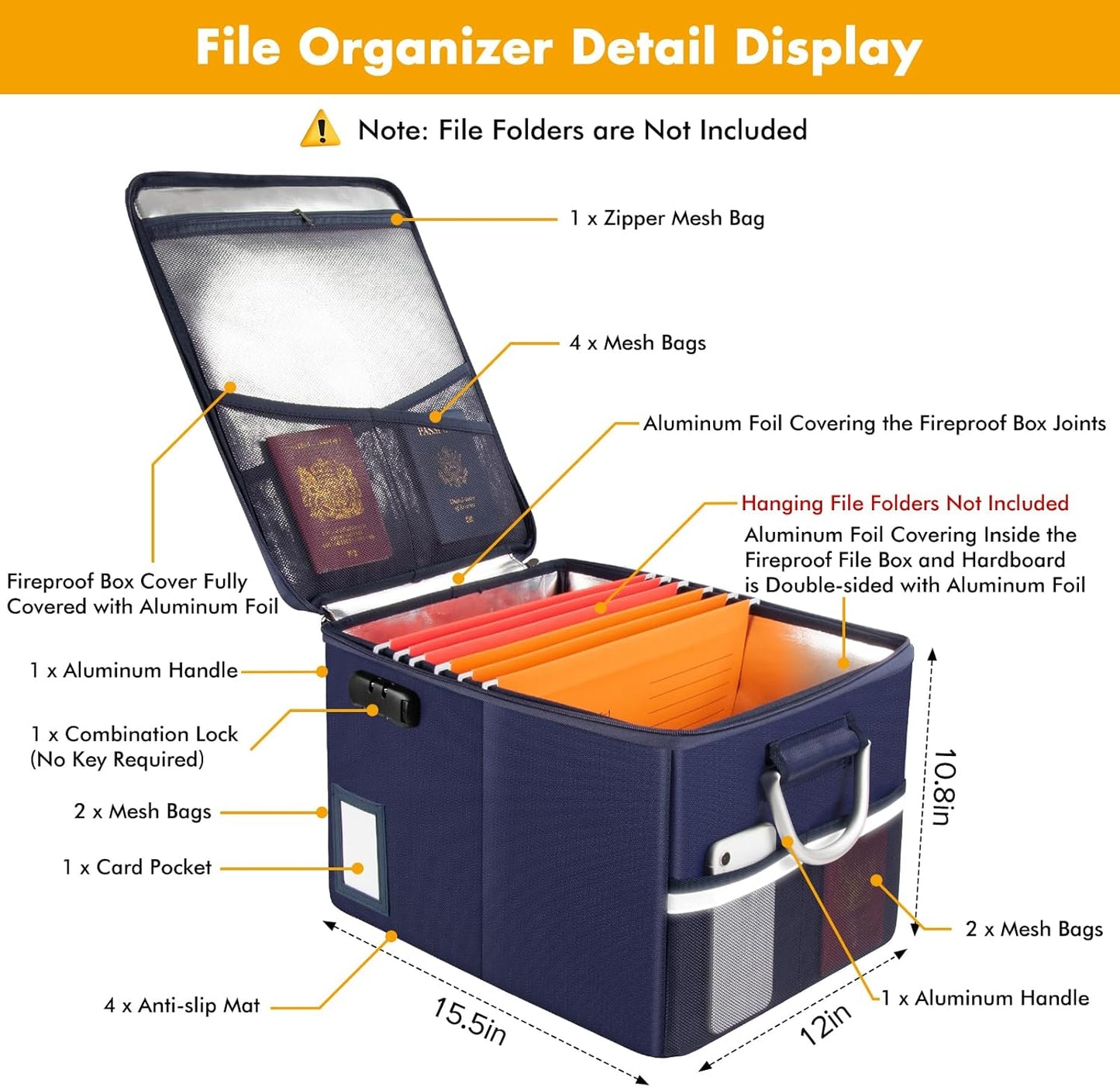 TOMKID Fireproof Document Box, Fireproof File Box with Lids, Important Document Organizer Box with Lock, Portable File Folder Organizer with Handle
