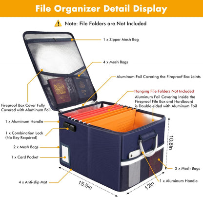 TOMKID Fireproof Document Box, Fireproof File Box with Lids, Important Document Organizer Box with Lock, Portable File Folder Organizer with Handle