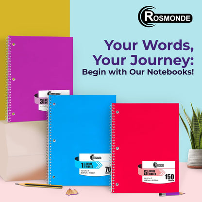 Rosmonde 5 Subject Notebook Wide Ruled, 6 Pack, 300 Pages (150 Sheets), 8 x 10-1/2", 5 Subject Spiral Notebook with Dividers, Thick Paper Fights Ink Bleed, 3 Hole Punched, Spiral Notebooks for School