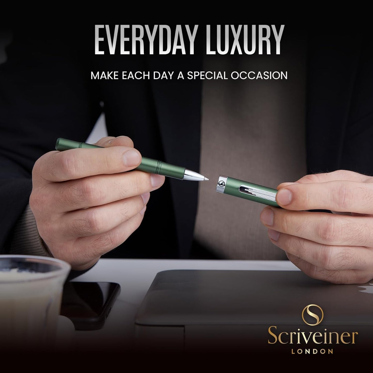 Scriveiner Black Rollerball EDC Luxury Pen, Stunning Pocket Pen with Chrome Finish, Cool Writing, Best Gift for Men & Women, German Schmidt Refill, Nice Present, Fancy Office Designer Set