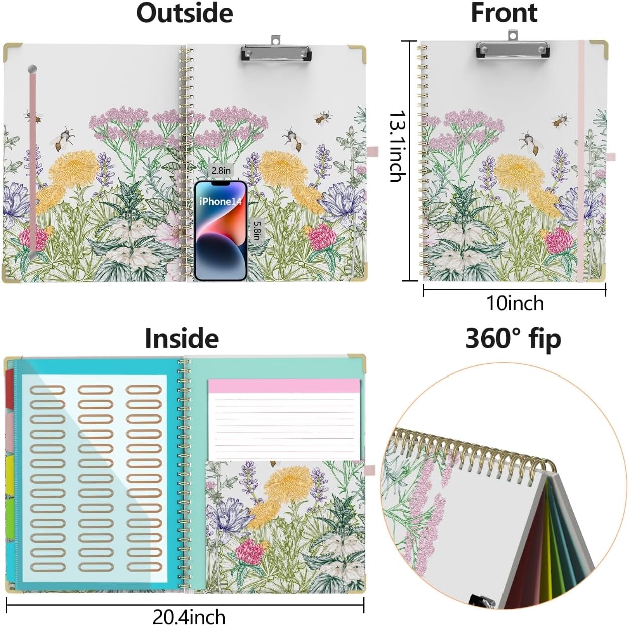 Clipboard Folio with Storage 8.5 X 11 Padfolio Notebook, Clipboards with Notepad Spiral with 10 Pockets and 5 Folders Nursing Teacher School Essentials (Pink Floral)