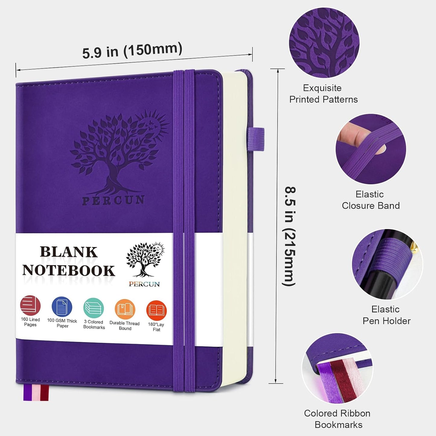 PERCUN Graph Paper Notebook, 160 Pages Grid Journal for women & men, A5 Hardcover Leather Graphing Notebook for School, Work, Travel, Note Taking 5.9”x8.5” (Black)