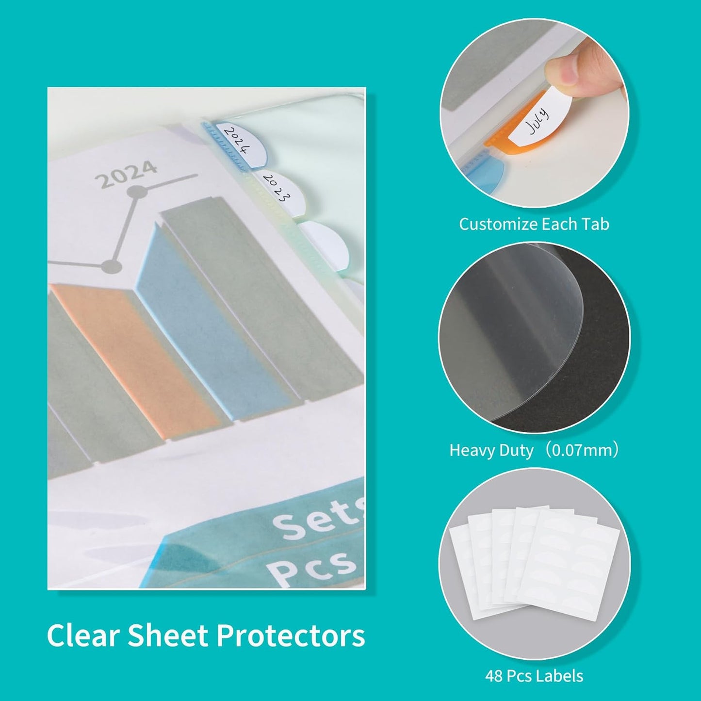 Binditek 128 Pack Heavyduty Clear Sheet Protectors with 8 Tabs, 45 Sheets Capacity, 8.5 x 11 inch Plastic Dividers for 3 Ring Binder, Insertable Index Divider, Letter Size, 16 Set, Label Sticker