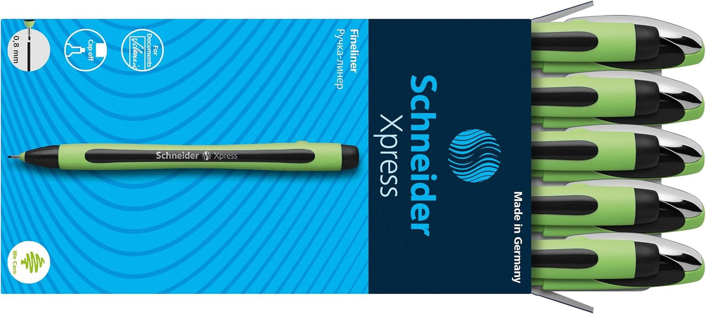 Schneider Xpress Premium Fineliner, 0.8 mm Porous Point, Light Green Barrel, Blue Ink, Box of 10 Pens (190003)