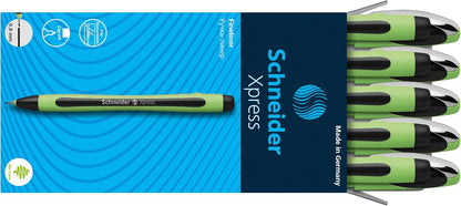 Schneider Xpress Premium Fineliner, 0.8 mm Porous Point, Light Green Barrel, Blue Ink, Box of 10 Pens (190003)