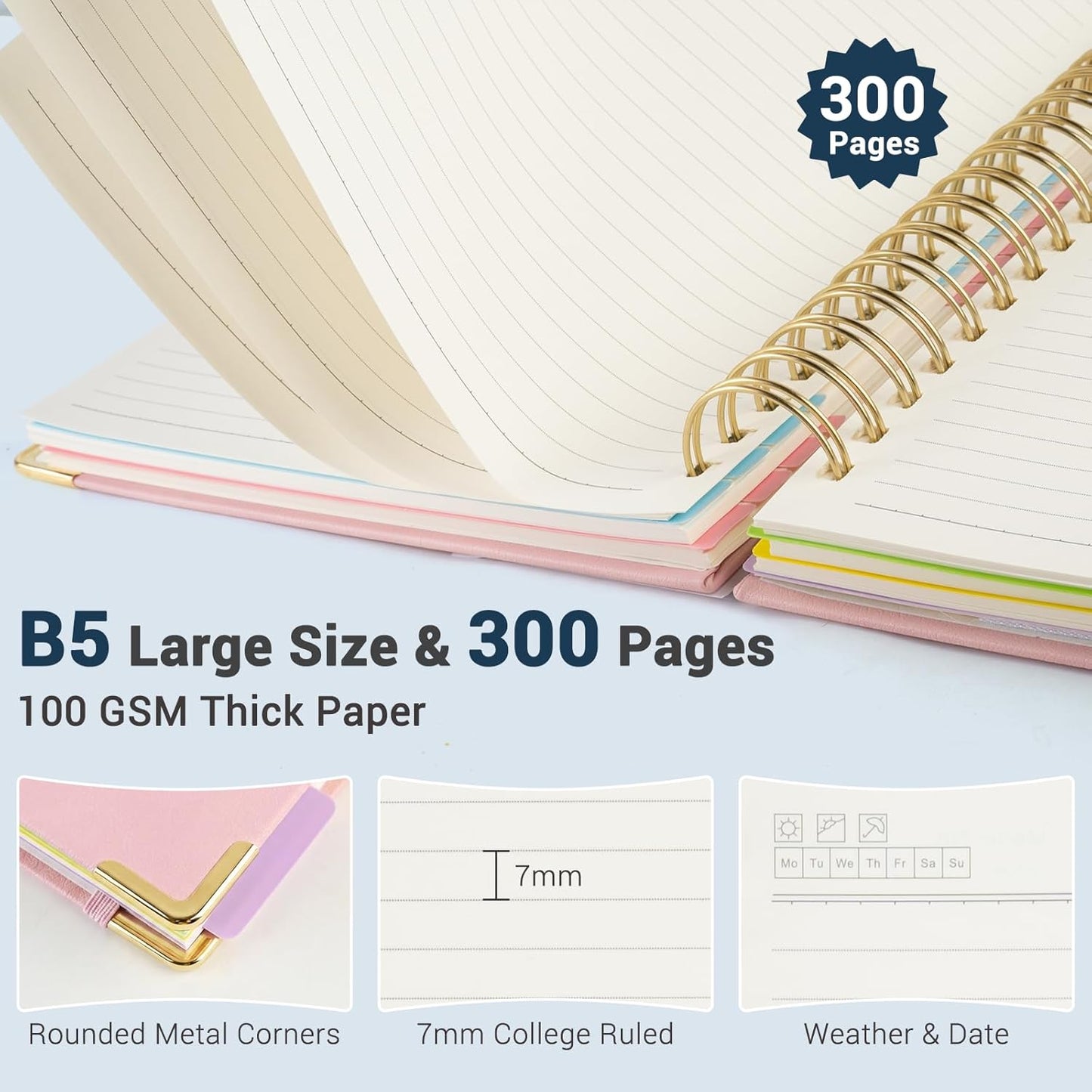 Hardcover Spiral Journal Notebook, 300 Pages 5 Subject Notebook College Ruled with Removable Dividers Tabs, 8" x 10" Notebooks for Work, Spiral Ruled Lined Writing Journal Hardcover Leather Notebook for School (Black, 8''x 10'')